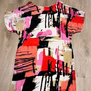 Abstract Art Print Tunic Dress - Bold Multicolor Painterly Size Large